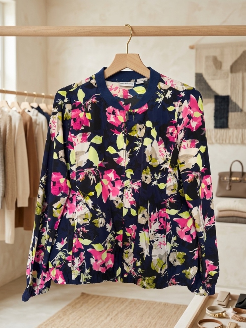 Liz Claiborne Navy Floral Zip Bomber with Pink & Lime Accents